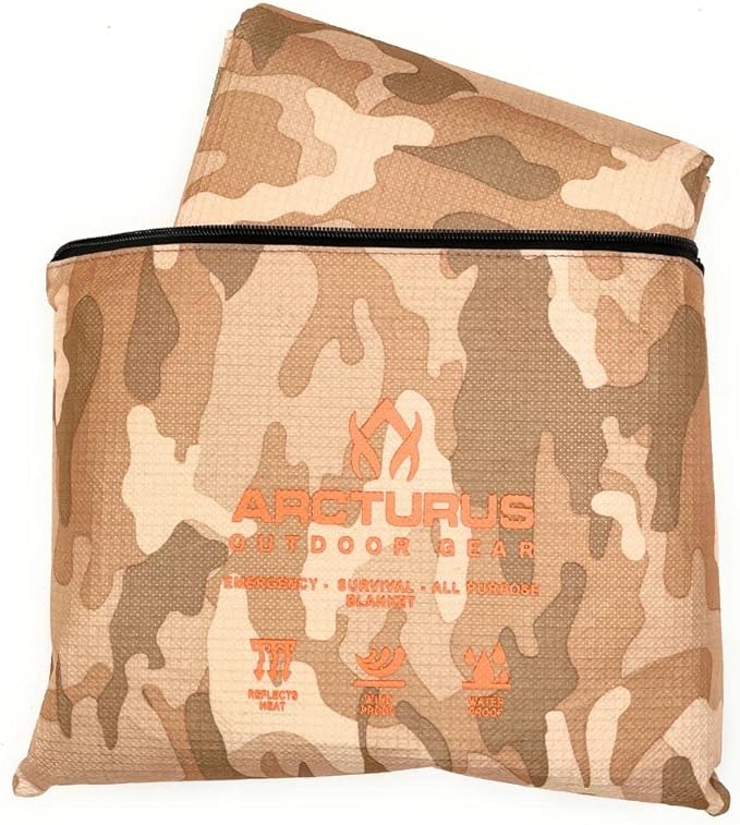 Arcturus All-Weather Outdoor Survival Blanket, Thermal Emergency Blanket, Reflective Heat Tarp with Grommets, Lightweight for Camping, Backpacking, Hiking & Emergency Car Kits, Desert Camo, 60x82in