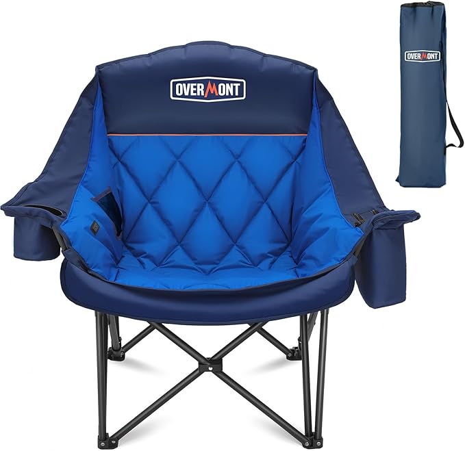 Overmont Oversized Camping Chair for Adults - 400lbs Support Heavy Duty Padded Folding Chair with Cooling Bag Cup Holder Side Pocket Carry Bag - Comfortable Portable for Outdoor Garden Sports Beach