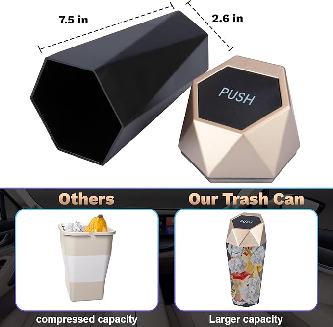 BFXM Car Trash Can, 2 Pack Car Trash Bin with Lid, Car Accessories for Women Interior, Car Garbage Can with Additional 2 ABS Hooks and 60pcs Trash Bags, Suitable for Home, Office, Car Organizer, Gold