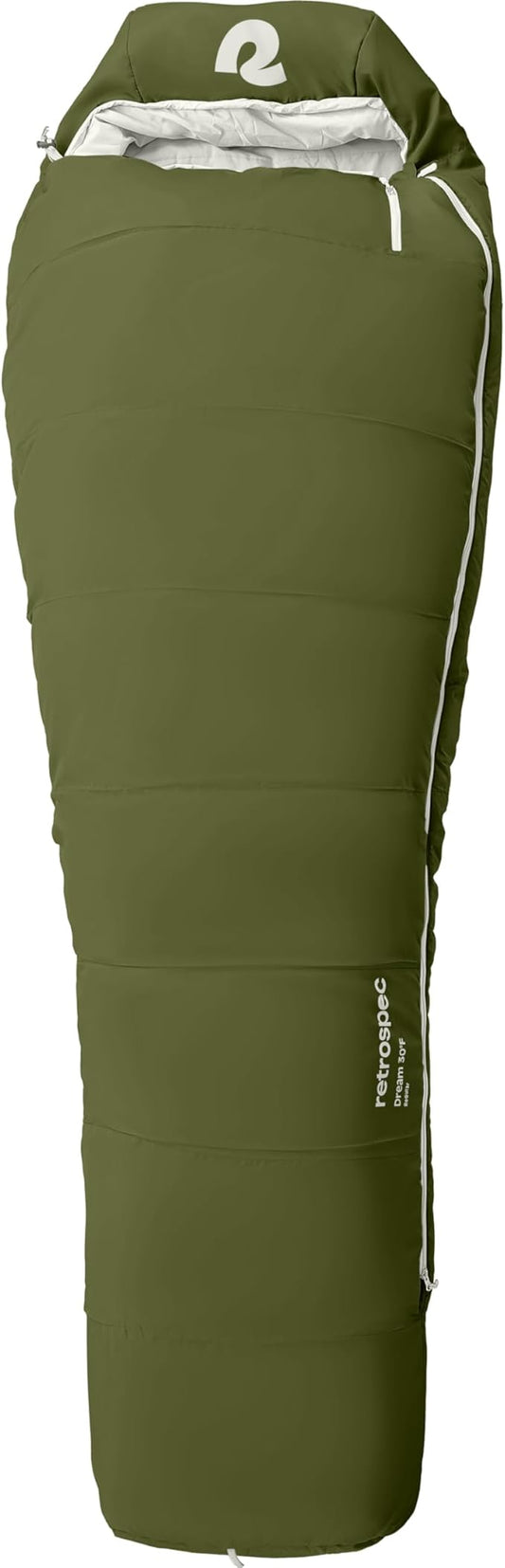 Retrospec Dream Mummy Sleeping Bag - 5, 15, & 30°F Cold Weather Camping & Travel Essential Gear with Water - Resistant Shell & Synthetic Fill - Zippered Pocket & Stuff Sack