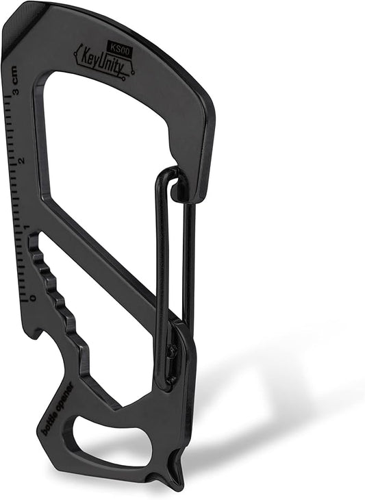 KeyUnity KS00BK Carabiner Clip Multitool Stainless Steel 7 Tools in 1, Quick Release Clasp, Wrench, Cross Screwdriver, Slotted Screwdriver, Bottle Opener, Ruler, Key Holder (PVD Black)