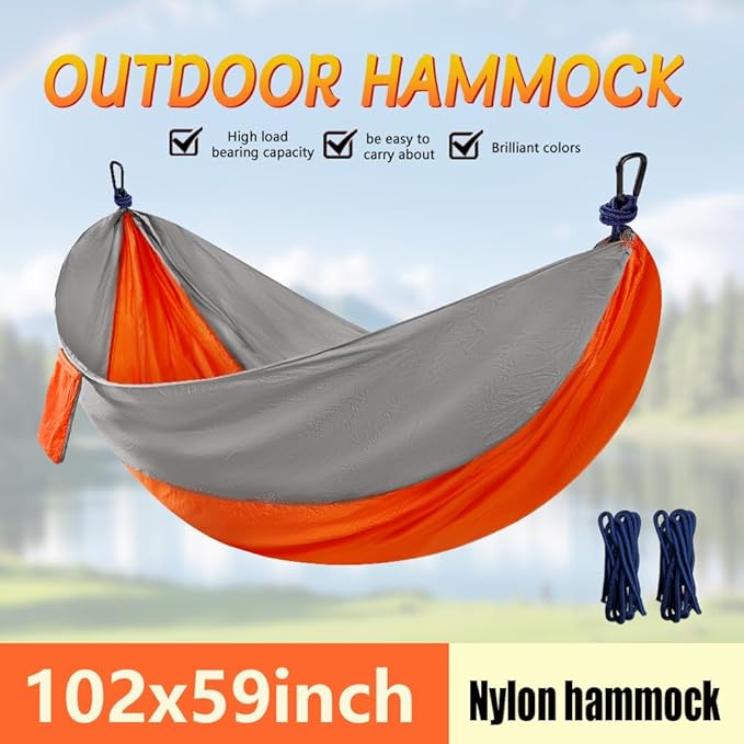 Camping Hammock, Portable Hammocks with Tree Straps & Attached Carry Bag, Travel Tree Hammocks for Outside Indoor Hiking Beach Backpack Travel(Orange, Nylon)