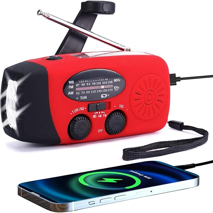 FM/AM/NOAA Weather Radio Hand Crank Self Powered Solar Portable Mini Emergency Survival Radios with 3 LED Super Bright Flashlight 2000mah Battery Operated Power Smart Phone Charger,SOS