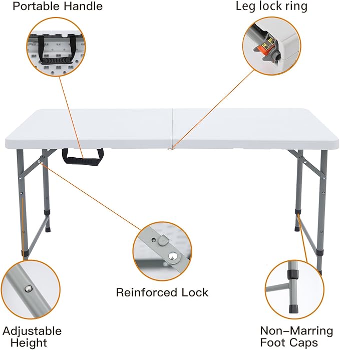 Lakhow Folding Table 4 Foot Heavy Duty Plastic Utility Table Portable Thick Table Top Small Indoor Outdoor Adjustable Height Folding with Carrying Handle，Sewing Table Camping Party Gathering ，White