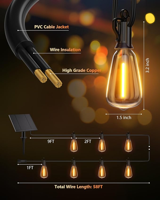 Brightown 58FT Solar String Lights Outdoor Waterproof with Remote, 25+1 LED Shatterproof Bulbs, Dimmable & Timable, 3 Light Modes - Commercial Grade Patio Lights for Garden Backyard Party Decor