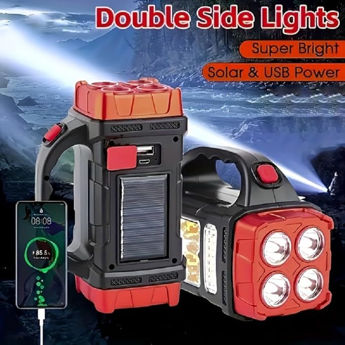 IFTHFOUR High Lumens Solar Flashlight - LED Work Light with USB-C Rechargeable, Waterproof, Multi-Function Flashlight & Lantern for Camping, Emergencies, and Outdoor(RED)
