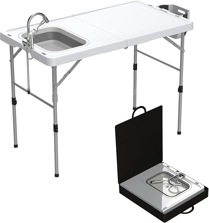Allpop Fold-in-Half Fish Cleaning Table with Sink, 50'' Portable Folding Camping Fish Station with Drainage Hose, Faucet, Sprayer, Storage Box, Grooves & Carrying Bag for Picnic, White