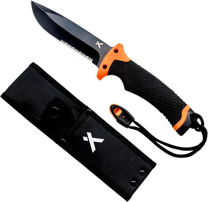 Bear Grylls Ultimate Knife - Fixed Blade Knife, Full Tang with Serrated Edge, Fire Striking Edge, and Emergency Whistle, Includes Sheath - 4.75” Blade, Stainless Steel Blade, Black