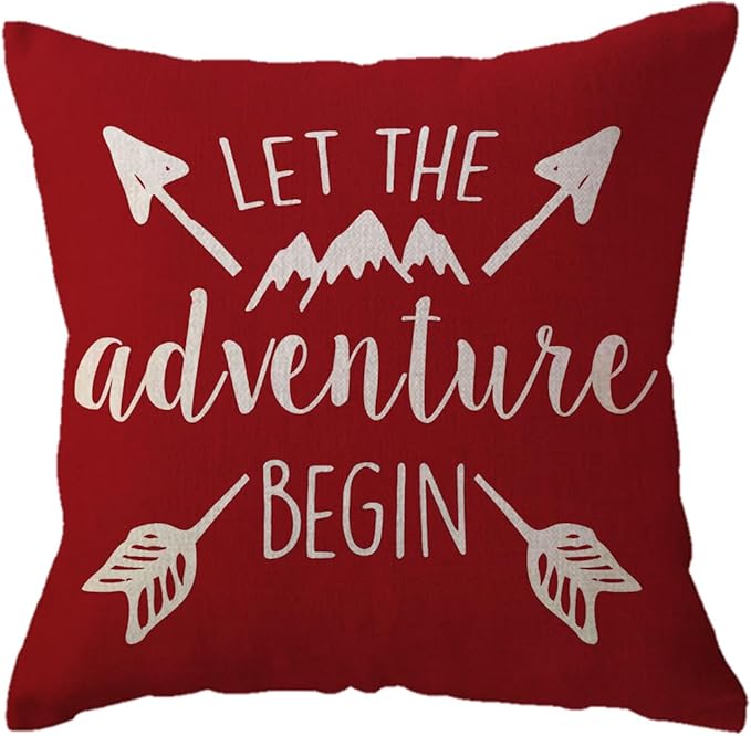 ULOVE LOVE YOURSELF Adventure Arrow Throw Pillow Covers Mountain Forest Pillowcases 18 x 18 Inch Let The Adventure Begin Decorative Cushion Covers for Cabin/Camper (Red)