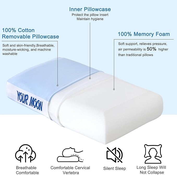 YOUR MOON Memory Foam Travel Pillow, Pure Cotton Cover, Small Compressible Camping Pillow for Sleeping, Portable Backpacking Support Pillows for Hiking, Car (Blue White)