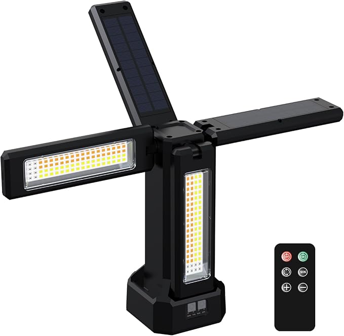 iodoo 13200mAh Rechargeable Solar Work Light with Remote and Portable Carrying Bag, 8000 Lumen Stepless Dimmable, 4 Lighting Modes, White/Warm/Nature/SOS for Outdoor Camping Car Work Emergency Light