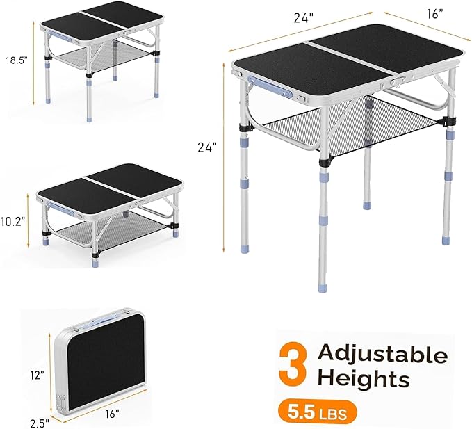 Small Folding Table Portable, 2FT Camping Pinic Table with 3 Adjustable Height, Aluminum Foldable Lightweight Patio Side Table with Carry Handle for Outdoor Hiking Camp BBQ Beach (Black)