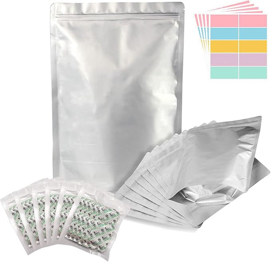 50pcs 1 Gallon Mylar Bags for Food Storage with Oxygen Absorbers 400CC (6 Packs of 10pcs) and Labels, 10 Mil 10"x14" Zipper Pouches Resealable and Heat Sealable for Long Term Food Storage (50 Bags)