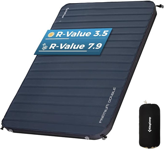 KingCamp Self Inflating Sleeping Pad, Insulated Air & Foam Camping Mattress 2 Person for All Seasons, 3" Thick Full Double Size Sleeping Mat for Camp Tent Outdoor Car, PVC Free，R 3.5/7.9 Dual Side