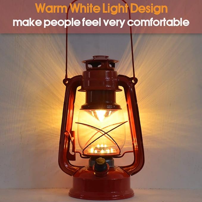 Vintage LED Hurricane Lantern, Warm White Battery Operated, Antique Metal Hanging Lantern with Dimmer Switch, 15 LEDs, 150 Lumen for Indoor or Outdoor Use
