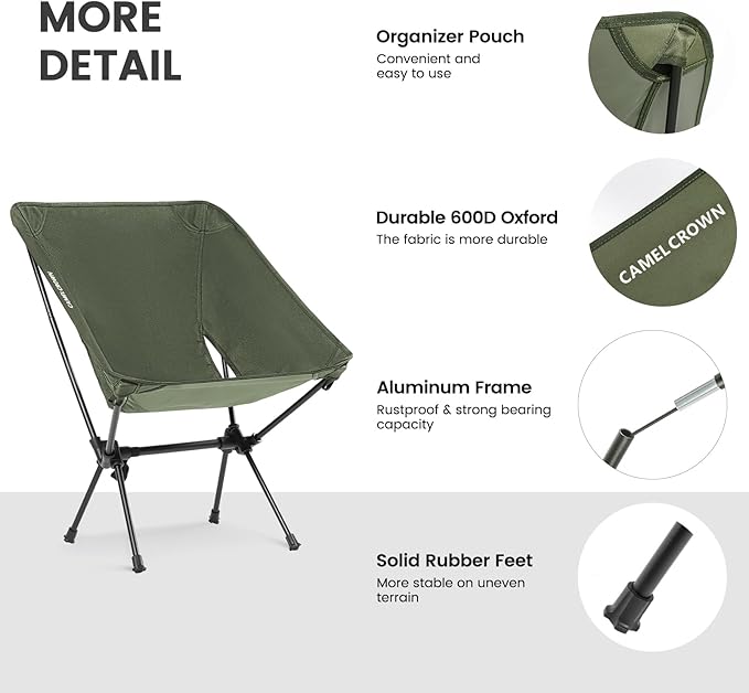 CAMEL CROWN Portable Camping Chair Folding Compact Lawn Lightweight Backpacking Chair with Carry Bag for Outdoor Hiking Beach Travel Picnic Festival Army Green 2pc