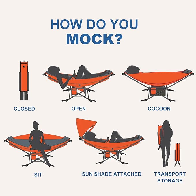 Portable Hammock with Stand, World's Best Mock ONE® Hammock, Compact Folding Framed Hammock with Adjustable Sunshade Canopy for Park, Backyard, Garden, Camping, Hiking, Mountaineering, Beaches- Orange