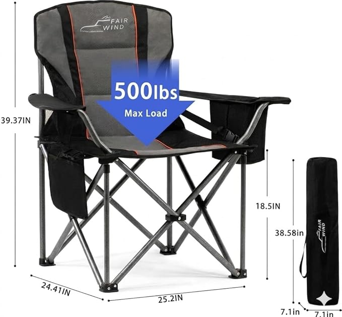 FAIR WIND Padded Camping Chair 500LBS Capacity Heavy Duty Oversized Folding Chair for Heavy People Portable Lawn Chair with Adjustable Lumbar Support, Cooler Bag & Cup Holder for Outdoor, Beach
