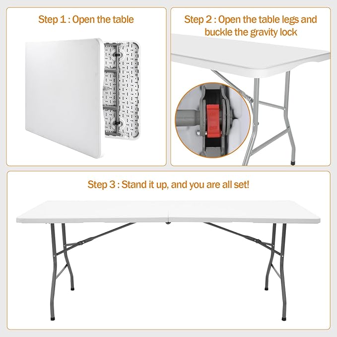 Lakhow Folding Table 6ft Heavy Duty Portable Table Indoor Outdoor with Parties, Camping & BBQs, Folds in Half for Easy Storage, No Assembly Required, White