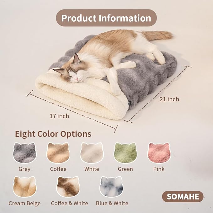 Self-Warming Cat Sleeping Bag, Enclosed Hooded Snuggle Sack with Dual-Side Plush Cat Cave Bed, Portable Foldable Pet Sleeping Pod for Indoor & Travel, Anti-Static, 21.7"x17.7"White