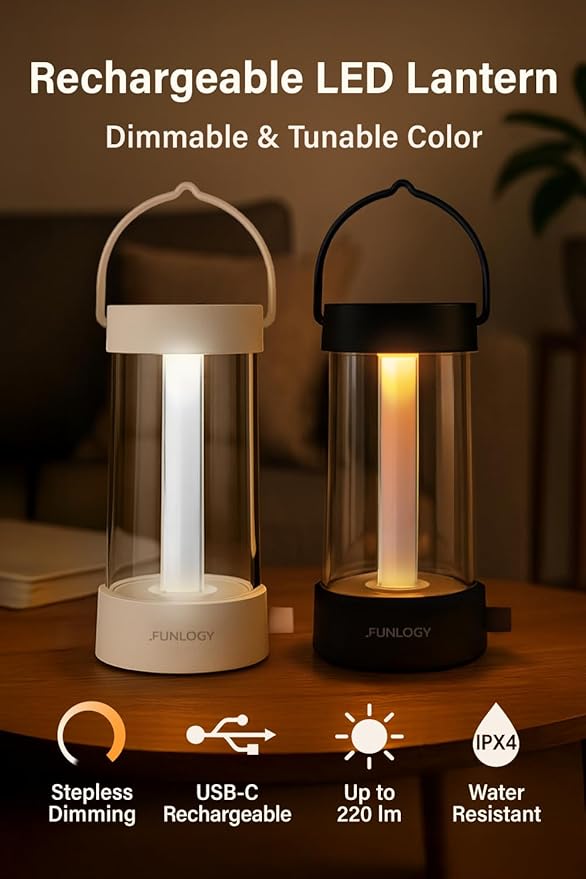 FUNLOGY Lantern - Rechargeable LED Camping Lantern, Vintage 360° Dimmable Light , 4000mAh Power Bank, High CRI 95, IPX4 Water-Resistant, Portable for Home, Emergency, Outdoor, Black