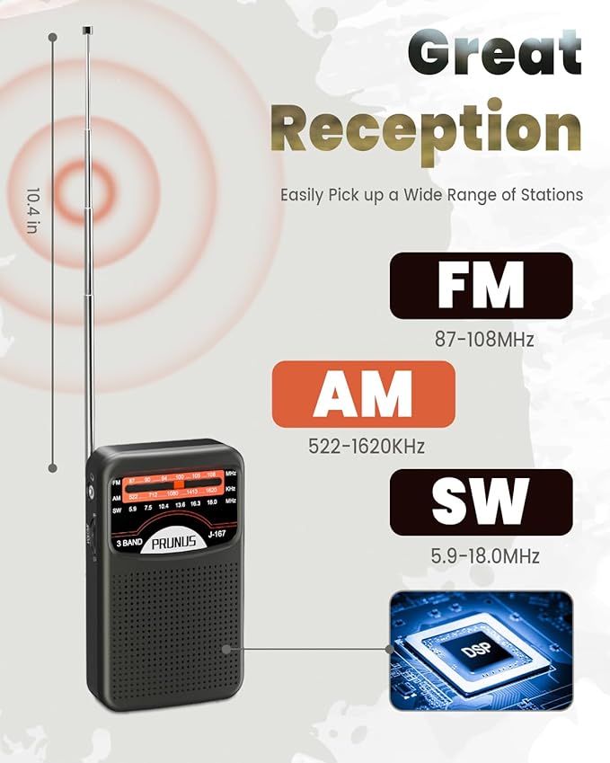 PRUNUS Portable Radio AM FM with USB Charging, Earphone Jack, Handheld Radios, Excellent Reception, Knob Easy to use, Tansistor Radio, J-167