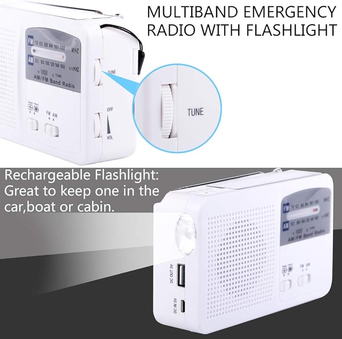 Emergency Radio with Solar and Hand Crank Self Powered, Battery USB Recharging FM/AM Radio LED Flashlight Cell Phone Charger (White)