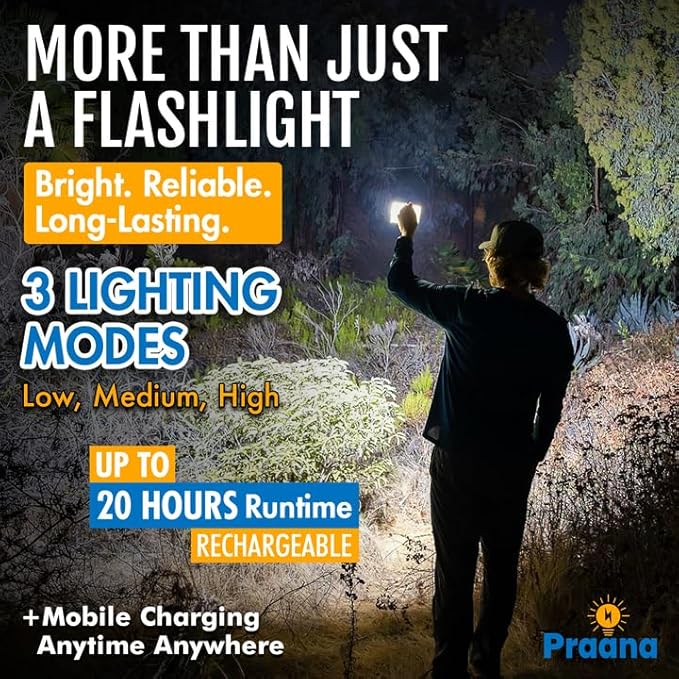 PRAANA 3-in-1 Solar Survival Kit, Emergency Flashlight with 5000mAh USB-C Power Bank & 7W Solar Panel for Power Outages, Camping, and Emergency Preparedness