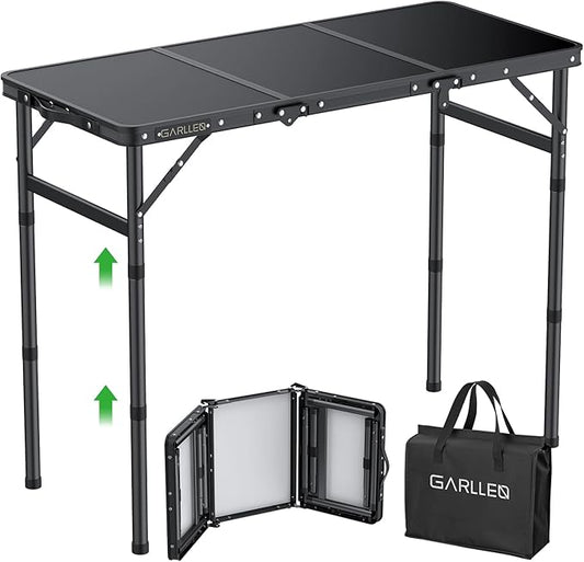 GARLLEN Folding Camping Table Max 27.5", 3-Height Adjustable Portable Camping Table with Carrying Bag, Lightweight Aluminum Folding Picnic Tables for BBQ, Travel, Outdoor, 34.2" L x 15.7" W