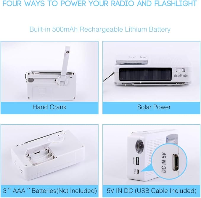 Emergency Radio with Solar and Hand Crank Self Powered, Battery USB Recharging FM/AM Radio LED Flashlight Cell Phone Charger (White)