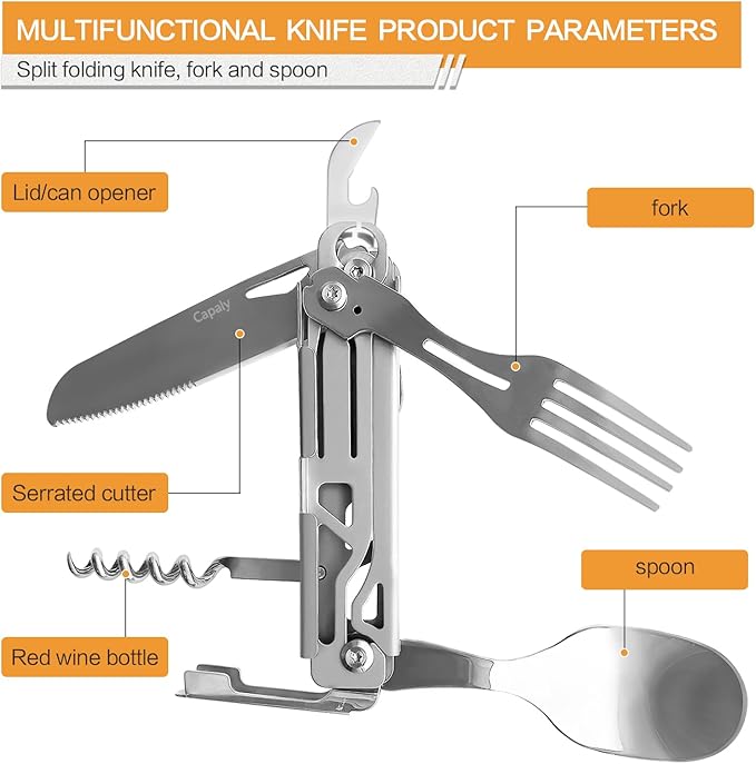 6-in-1 Detachable Camping Utensils Flatware Set, Folding Spoon Fork Knife Can Opener Combo, Stainless Steel Travel Utensil Set, Portable Cutlery Set for Travel Camping Hiking Picnic