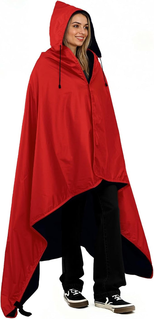 Fleece Waterproof Outdoor Blanket - Windproof Stadium Blanket for Camping, Picnics, and Sports Stay Dry and Comfortable 80"x 58"(Hoodeed, Red)