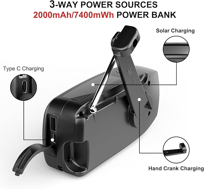 Weather Emergency Radio, Portable Solar AM/FM/NOAA Hand Crank Radio, Cell Phone Charger with SOS, 1W LED Flashlight, Headphone Jack, Power for Emergency Preparedness (Black)