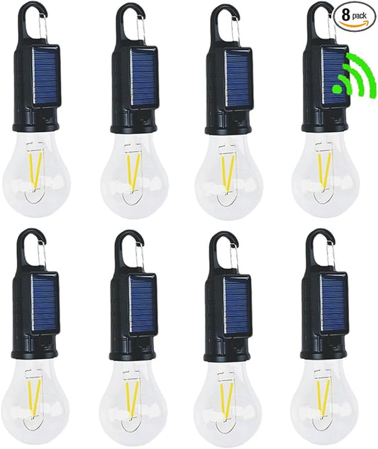 Solar Camping Lantern, Portable LED Camping Light with Light Sensor, USB Rechargeable Tent Light, Dusk to Dawn Waterproof Hanging Emergency Light for Outdoor Hiking Backpacking Patio Warm White 8 Pack