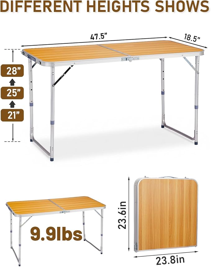 Outvita 4ft Portable Folding Camping Table, Outdoor Waterproof Adjustable Height Table, Aluminum Lightweight Suitcase Foldable Table for Picnic BBQ Beach Dining