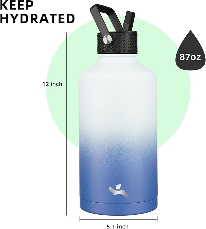 Konokyo Insulated Water Bottle with Straw,87 oz 3 Lids Water Jug with Carrying Bag,Paracord Handle,Double Wall Vacuum Stainless Steel Metal Flask,Sky