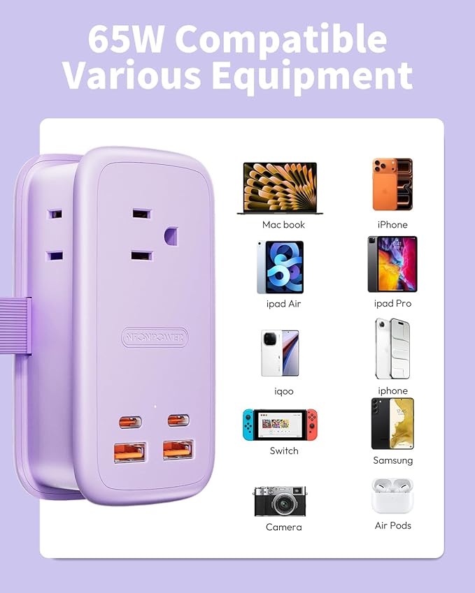 NTONPOWER GAN Ultra 65W USB Fast Charging Station, 7 in 1 Travel Power Strip with 3 Outlets 4 USB (2 USB C), Extension Cord 4ft, Cruise Essentials Compatible with MacBook, iPhone,Purple