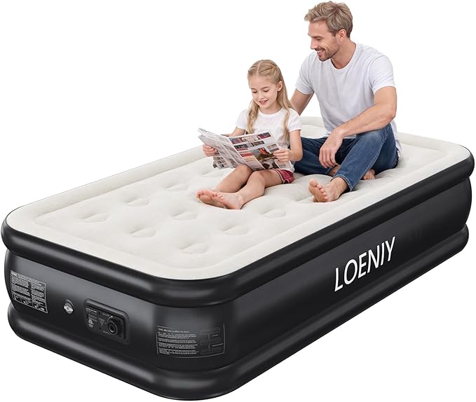 Twin Air Mattress with Built-in Pump, 18” High Inflatable Mattress with Storage Bag, 2 Mins Easy Inflation/Deflation Blow up Mattress, Flocked Top Inflatable Bed for Camping, Adults & Guests