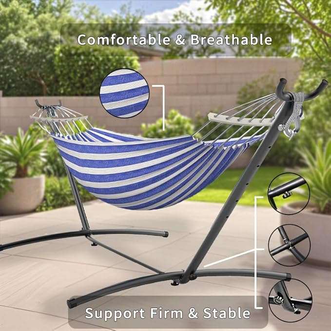 ANAGOO Double Hammock, Heavy Duty Portable, 500 lb Weight Capacity, Perfect for Both Indoors and Outdoors, 2 Person Hammock with Carrying Bag, Blue White