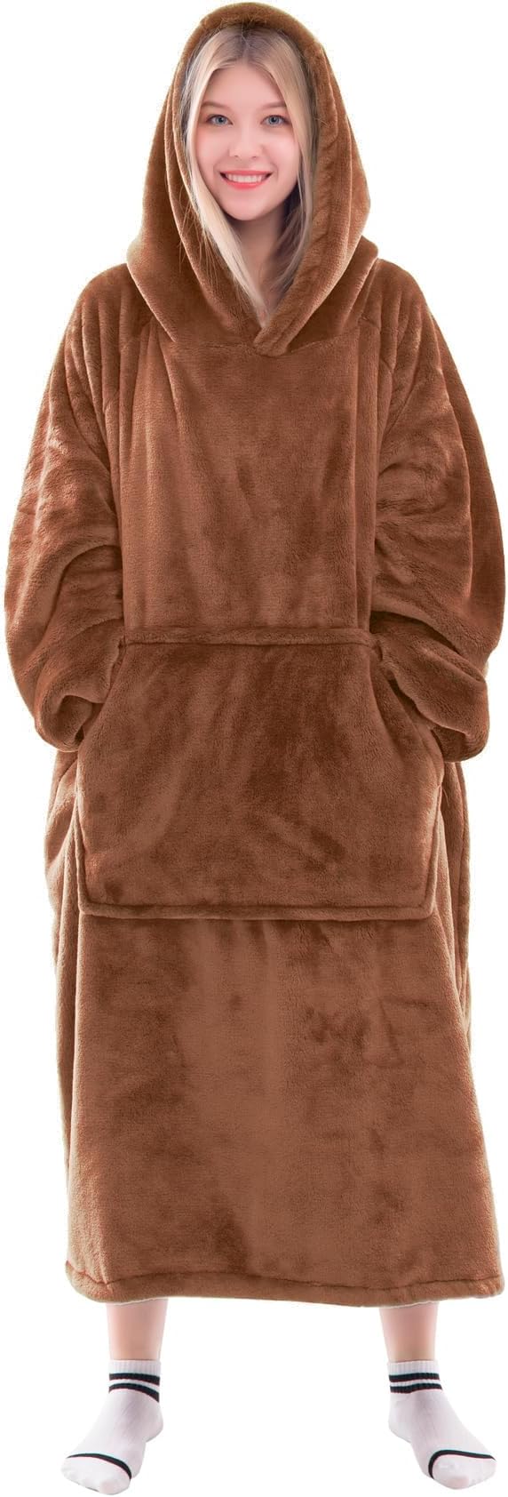 Waitu Wearable Blanket Sweatshirt Gifts for Women and Men, Warm and Cozy Giant Blanket Hoodie, Thick Flannel Blanket with Sleeves and Giant Pocket - Camel