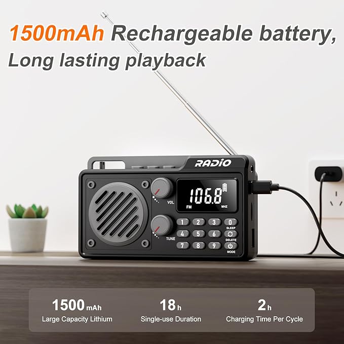Portable Radio AM FM 1500mAh Rechargeable with Best Reception, Transistor shortwave Radio Wireless Bluetooth Speaker, with Large LCD Screen, Support TF Card U Disk, Earphone, Sleep Timer (Black)
