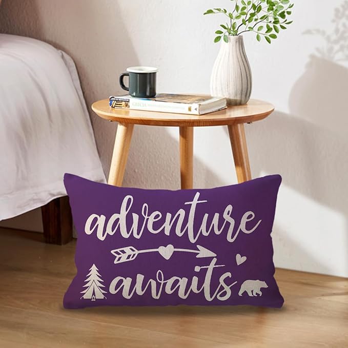 Adventure Camper Decorative Lumbar Pillowcase Double-sided Let’s Go Camping/Adventure Awaits Throw Pillow Covers Cabin/Camper Cushion Covers 12x20,2Pack for Sofa/Couch/Porch (Purple)