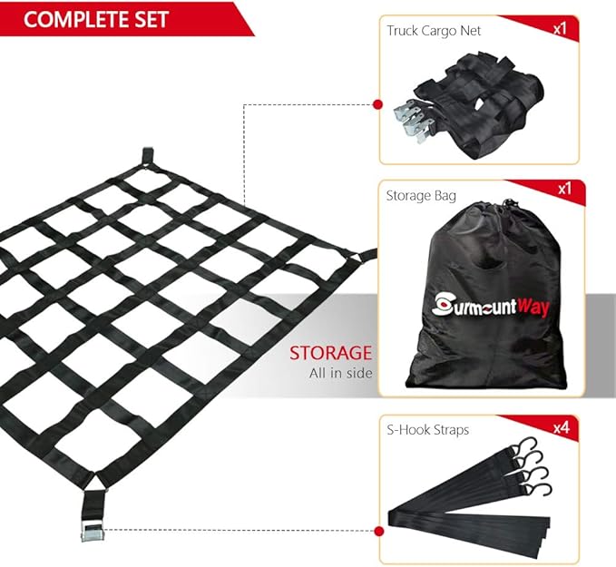 Surmountway Cargo Net for Pickup Truck Bed(42" x 50"), Truck Bed Cargo Net with Capacity 1100LBS, Heavy Duty Cargo Nets with Adjustable Cam Buckles & S-Hooks, Truck Cargo Net for Trailer Trucks