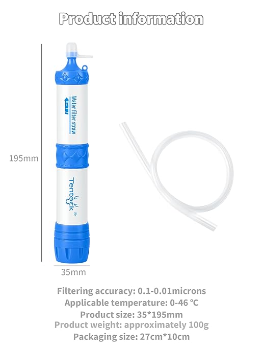 Tentock Portable Water Filter, 0.01 Micron 2-Way Survival Straw for Camping & Emergency, 1000L Capacity， Lightweight Water Purifier for Hiking, Backpacking