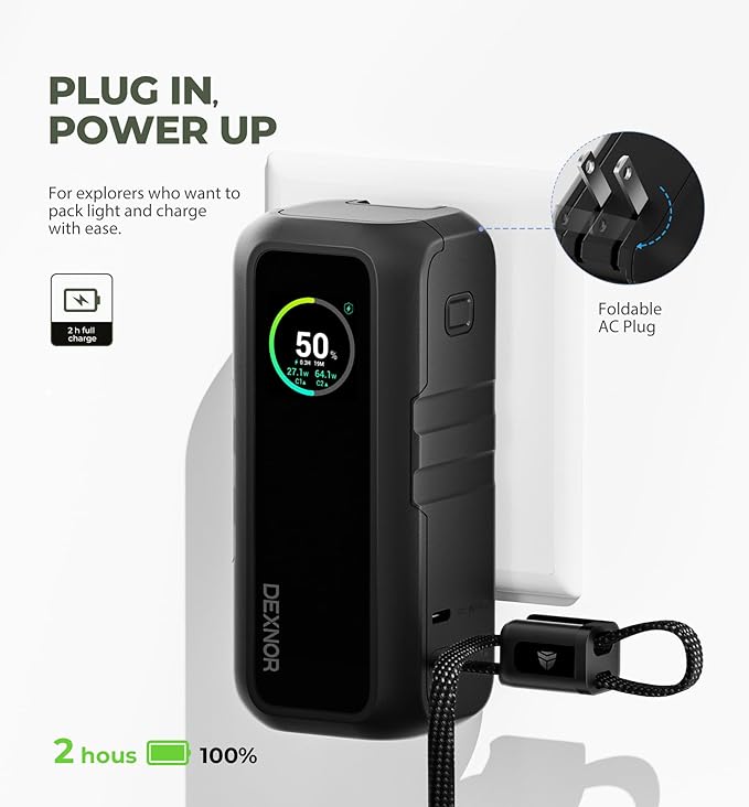 Dexnor 3-in-1 Power Bank, 15,000mAh Battery Pack with 65W Output, Foldable AC Plug, Built-in USB Handle Cable, Support PD3.0 and PPS Fast Charging, Sleek Portable Charger for iPhone, Samsung, etc.