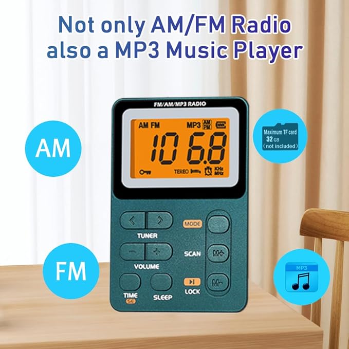 Portable Radio AM FM, Rechargeable Pocket Speaker with Best Reception Digital Tuning, MP3, Stereo Earphone, Large LCD Screen, TF Card Socket, Transistor Radio for Jogging/Gym/Camping…