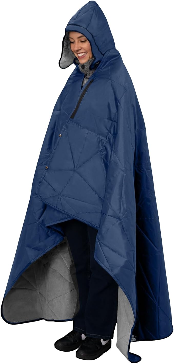 Large Outdoor Waterproof Blanket Extra Thick Fleece Stadium Blanket for Camping, Car, Pet, Picnics - Windproof, Wearable, Machine Washable 80" x 58" (Deep Blue,Hooded)
