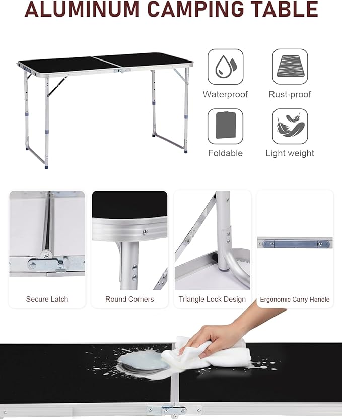 Outvita 4ft Portable Folding Camping Table, Outdoor Waterproof Adjustable Height Table, Aluminum Lightweight Suitcase Foldable Table for Picnic BBQ Beach Dining