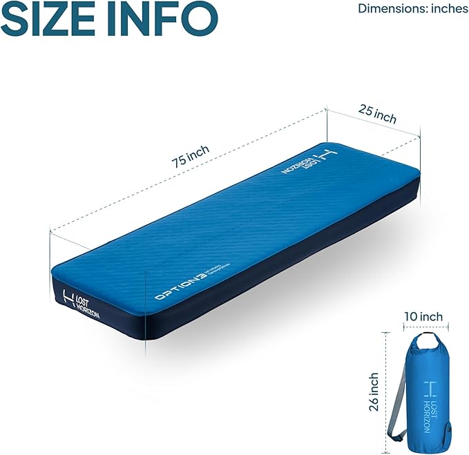 Lost Horizon Air & Foam Camping Mattress, Self-Inflating Sleeping Pad, 4.5" Thick, with Pump Sack, Cot