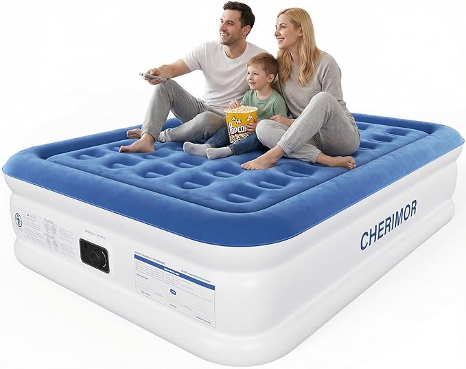 CHERIMOR Queen Air Mattress with Built-in Pump, 18" Raised Comfort, 48Hr Leak-Proof Test, Upgraded Honeycomb Pillar Design, Supports 800 lbs, 3-Min Inflation-Inflatable Bed for Home Guests-Blue